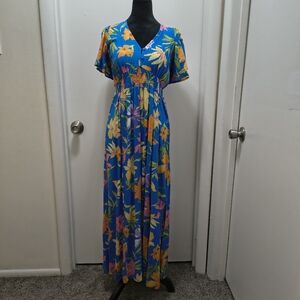 Abel The Label Tropical Floral Maxi Dress Blue Orange Small Open Back Flutter S